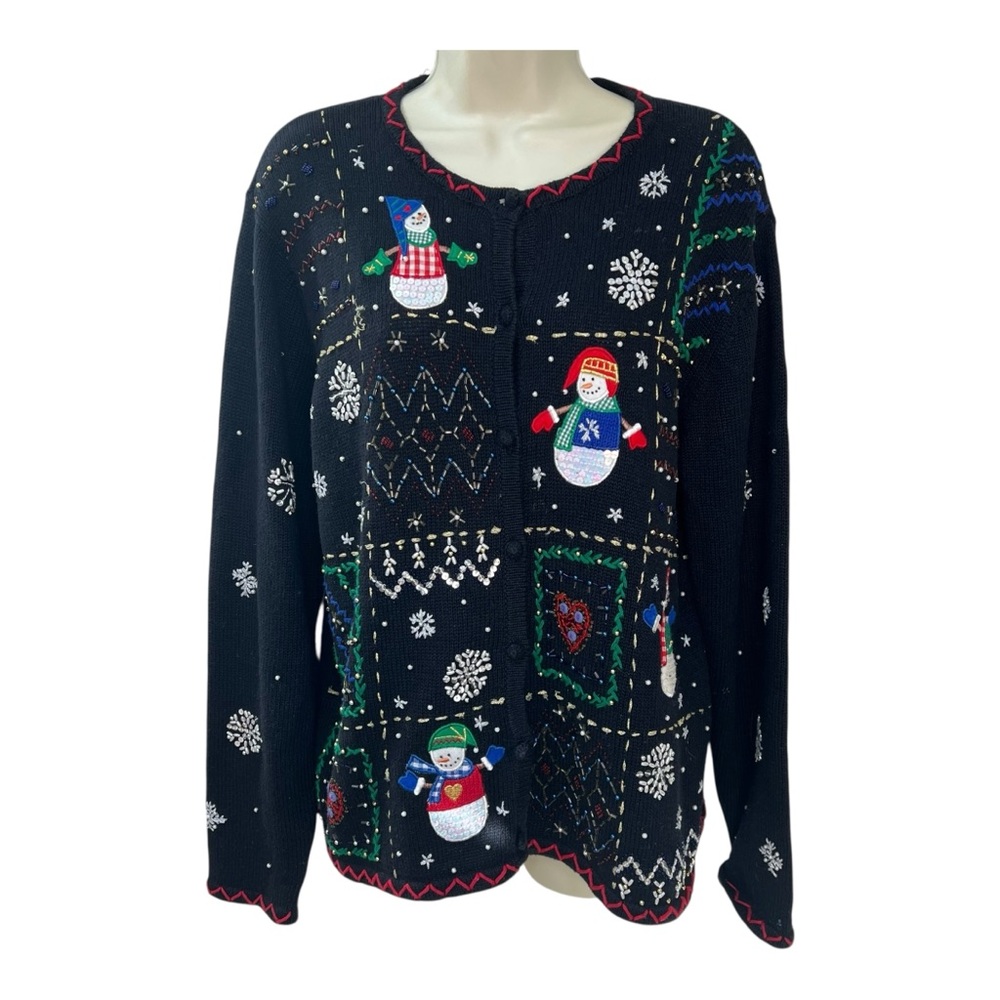 Vintage Erika Christmas Sweater Snowman Hearts Beaded Embroidered cardigan VTG